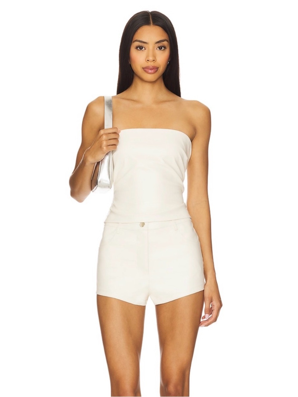 superdown White Leather set - High-Waist Cream Shorts, Tube Top